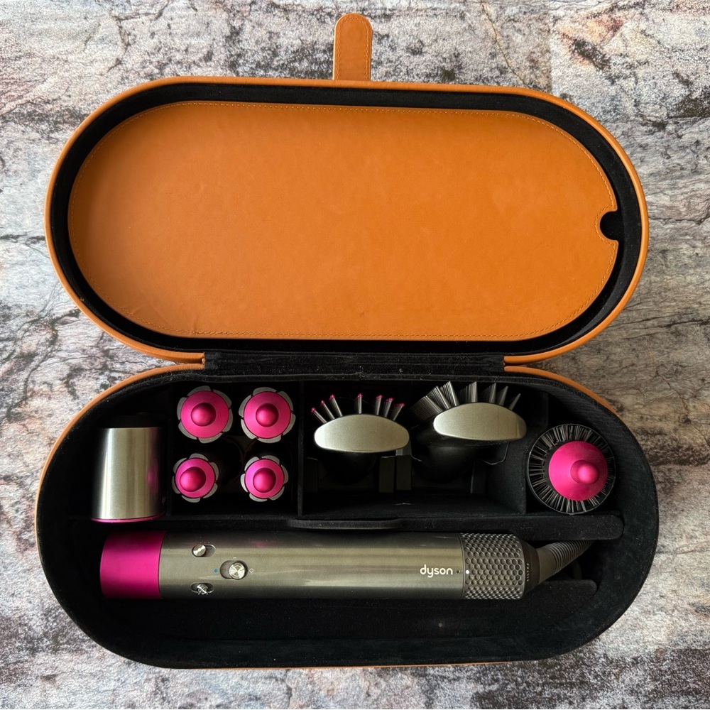 Dyson Airwrap Pink/Gray Leather Storage Case + All Original Air Wrap Attachments